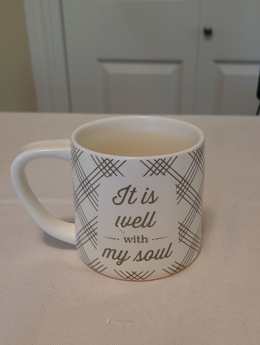 White Ceramic Mug with Plaid Accent and Inspirational Script